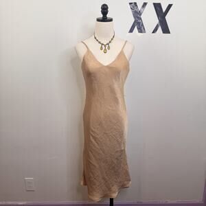 Champagne Gold Satin Bias-Cut Slip Dress Midi Lined Minimal Luxe S